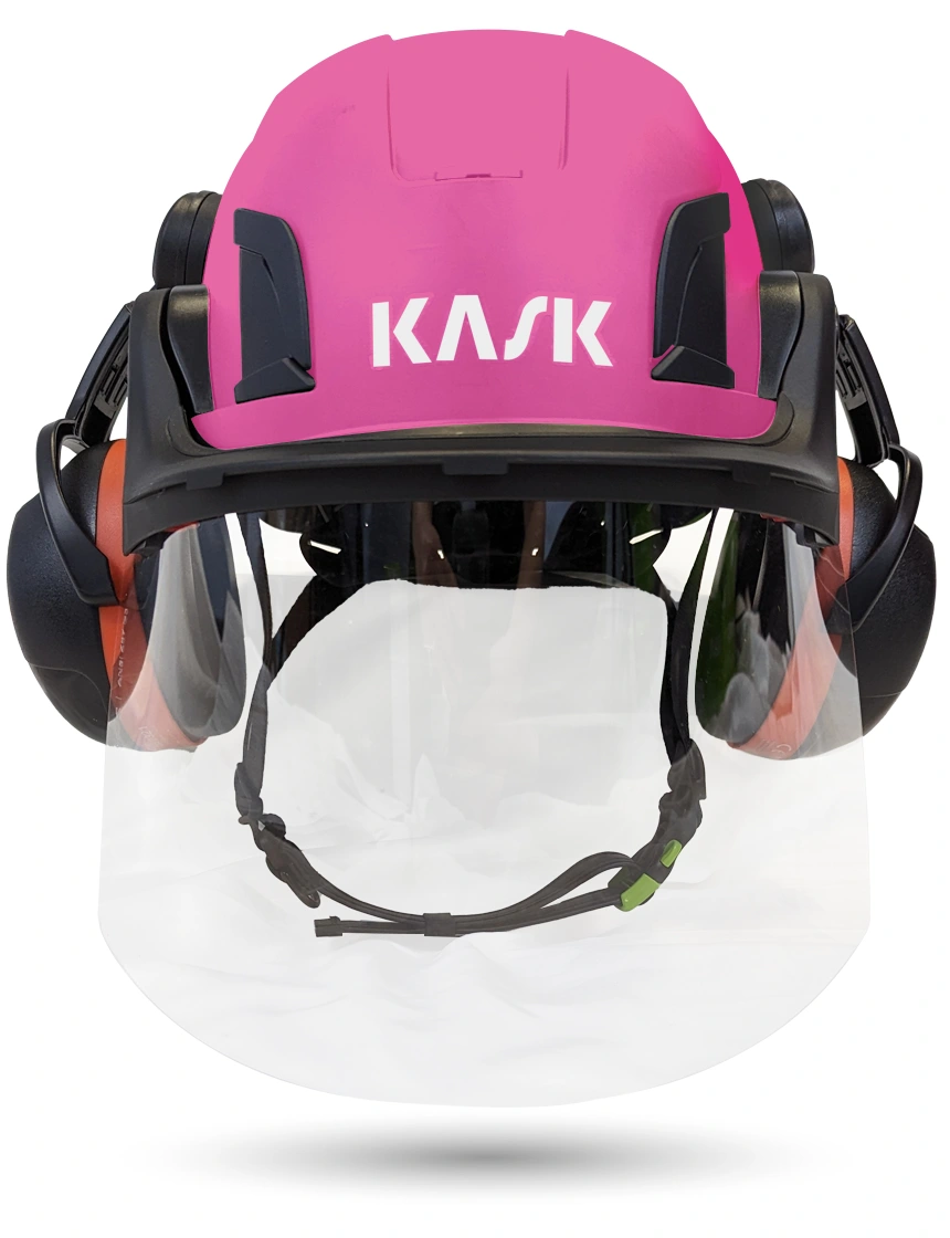 Pink KASK Zenith X2 ANSI Safety Helmet with Full-Face Shield \u0026 Brim Kit (Clear) \u0026 Orange Ear Muffs (High Noise Reduction - 29-31 dB)