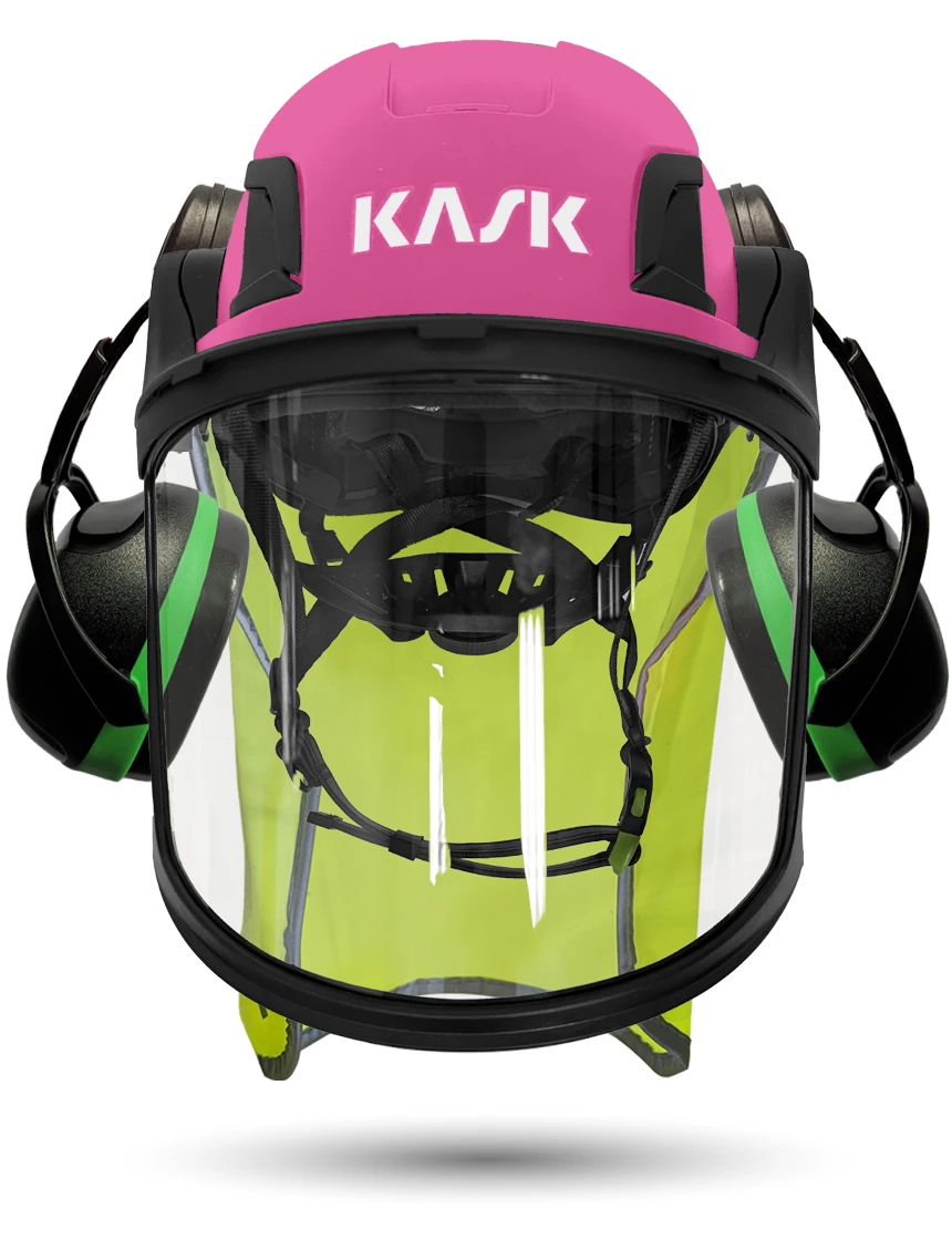 Pink Kask Zenith X2 ANSI Class E Safety Helmet w/ Full-Face Visor Kit (Clear) \u0026 Green Ear Muffs (Low To Medium Noise Reduction - 23-25 Db) \u0026 10\" Neck Protector (Yellow Fluorescent)