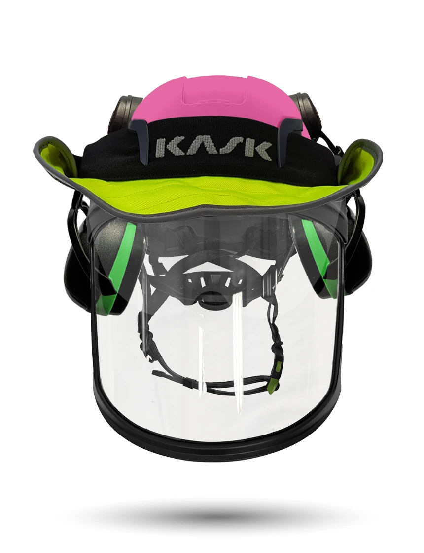 Pink KASK Zenith X2 ANSI Safety Helmet with Full-Face Visor Kit (Clear) \u0026 Orange Ear Muffs (High Noise Reduction - 29-31 dB) \u0026 360-degree Sun Shield (Yellow Fluorescent)