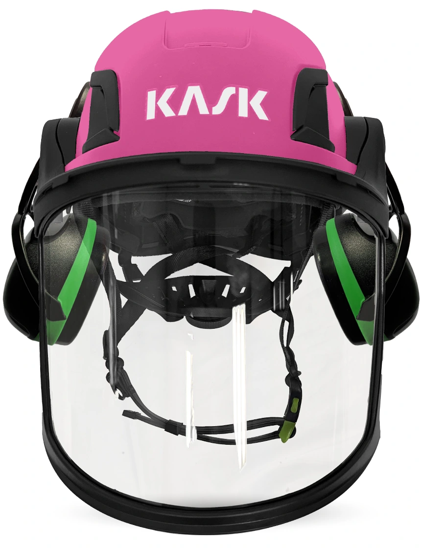 Pink KASK Zenith X2 ANSI Safety Helmet with Full-Face Visor Kit (Clear) \u0026 Green Ear Muffs (Low to Medium Noise Reduction - 23-25 dB)