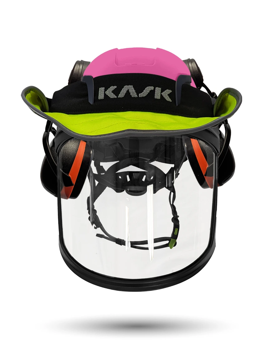Pink KASK Zenith X2 ANSI Safety Helmet with Full-Face Visor Kit (Clear) \u0026 Orange Ear Muffs (High Noise Reduction - 29-31 dB) \u0026 360-degree Sun Shield (Yellow Fluorescent)