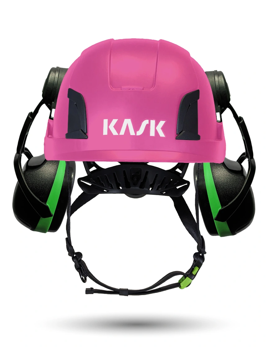 Pink Kask Zenith X2 ANSI Class E Safety Helmet w/ Green Ear Muffs (Low To Medium Noise Reduction - 23-25 Db)