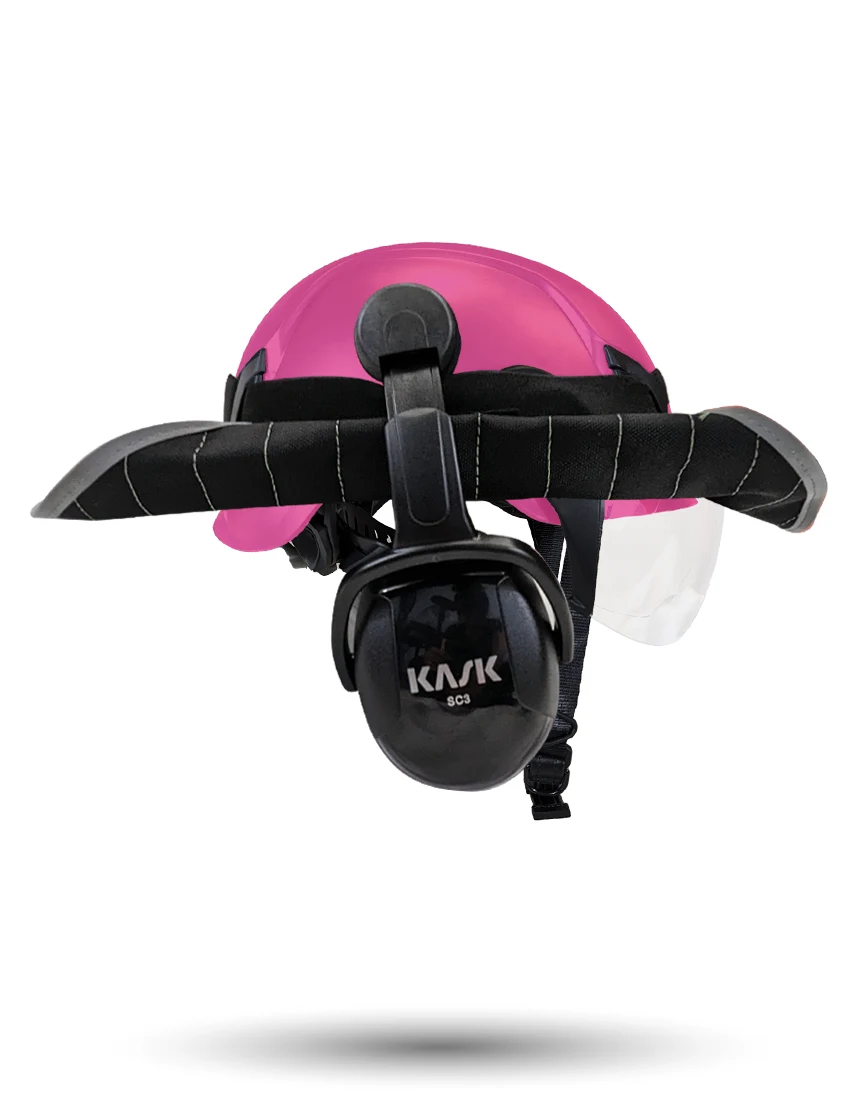 Pink KASK Zenith X2 ANSI Safety Helmet with Half-Face Visor Kit (Clear) \u0026 Orange Ear Muffs (High Noise Reduction - 29-31 dB) \u0026 360-degree Sun Shield (Anthracite Gray)