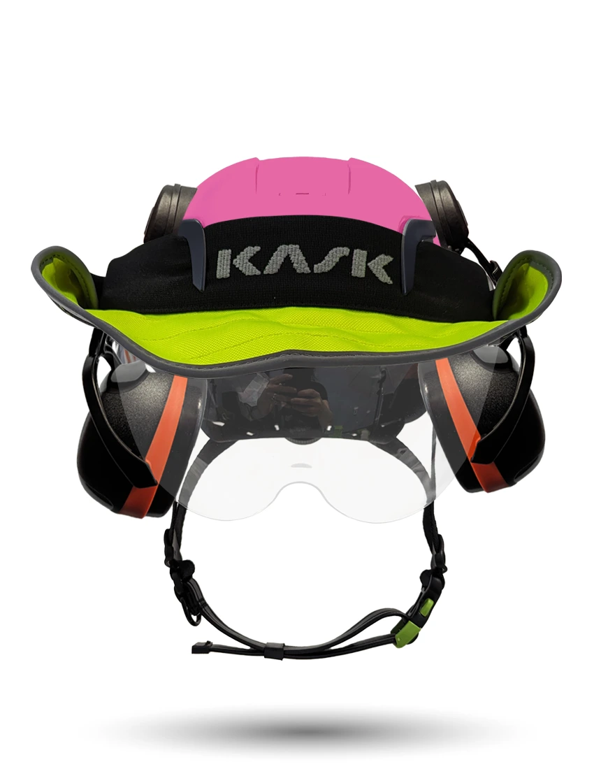 Pink KASK Zenith X2 ANSI Safety Helmet with Half-Face Visor Kit (Clear) \u0026 Orange Ear Muffs (High Noise Reduction - 29-31 dB) \u0026 360-degree Sun Shield (Yellow Fluorescent)