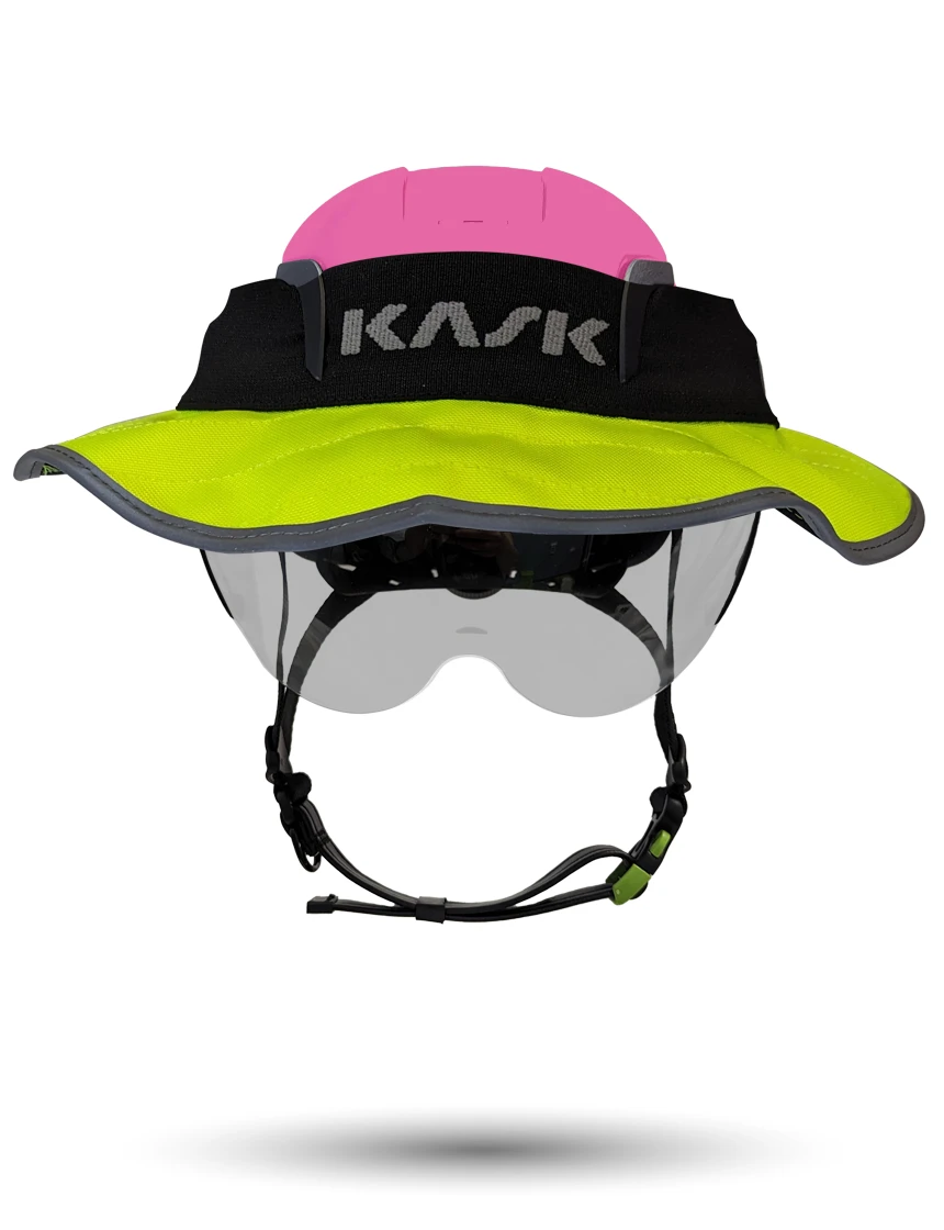 Pink KASK Zenith X2 ANSI Safety Helmet with Half-Face Visor Kit (Silver Mirror) \u0026 360-degree Sun Shield (Yellow Fluorescent)