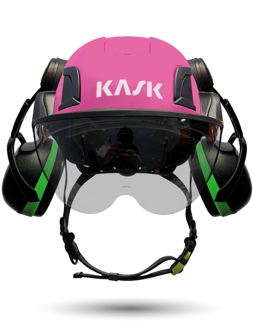 Pink Kask Zenith X2 ANSI Class E Safety Helmet w/ Half-Face Visor Kit (Silver Mirror) \u0026 Green Ear Muffs (Low To Medium Noise Reduction - 23-25 Db)