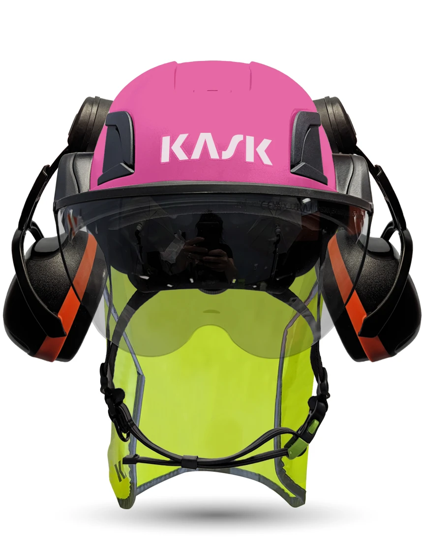 Pink Kask Zenith X2 ANSI Class E Safety Helmet w/ Half-Face Visor Kit (Silver Mirror) \u0026 Orange Ear Muffs (High Noise Reduction - 29-31 Db) \u0026 10\" Neck Protector (Yellow Fluorescent)