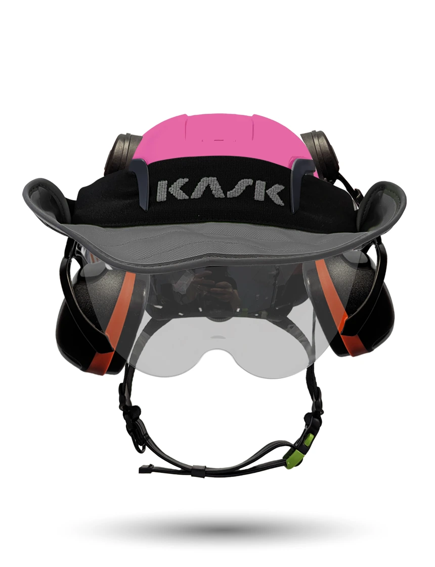 Pink KASK Zenith X2 ANSI Safety Helmet with Half-Face Visor Kit (Silver Mirror) \u0026 Orange Ear Muffs (High Noise Reduction - 29-31 dB) \u0026 360-degree Sun Shield (Anthracite Gray)