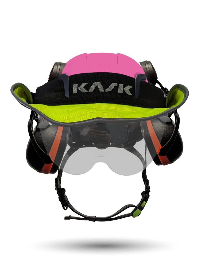 Pink KASK Zenith X2 ANSI Safety Helmet with Half-Face Visor Kit (Silver Mirror) \u0026 Orange Ear Muffs (High Noise Reduction - 29-31 dB) \u0026 360-degree Sun Shield (Yellow Fluorescent)