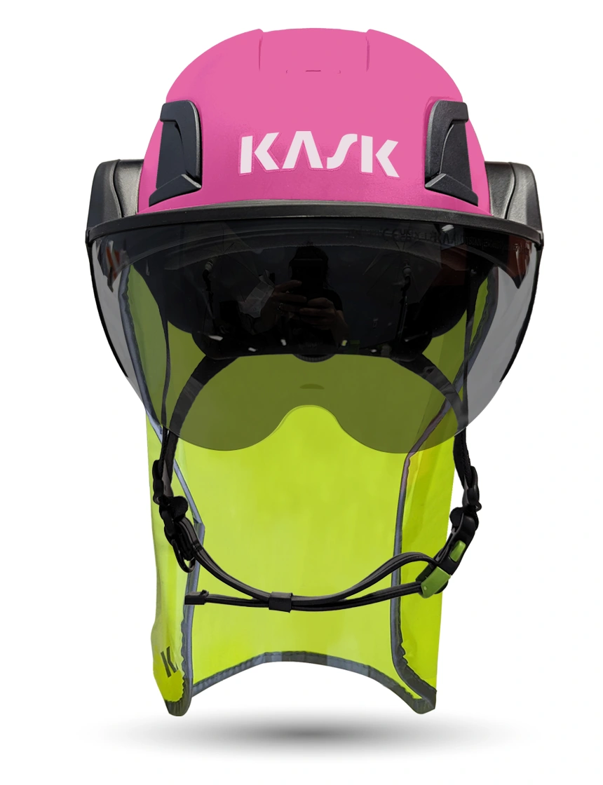 Pink Kask Zenith X2 ANSI Class E Safety Helmet w/ Half Face Visor Kit (Smoke) \u0026 10\" Neck Protector (Yellow Fluorescent)