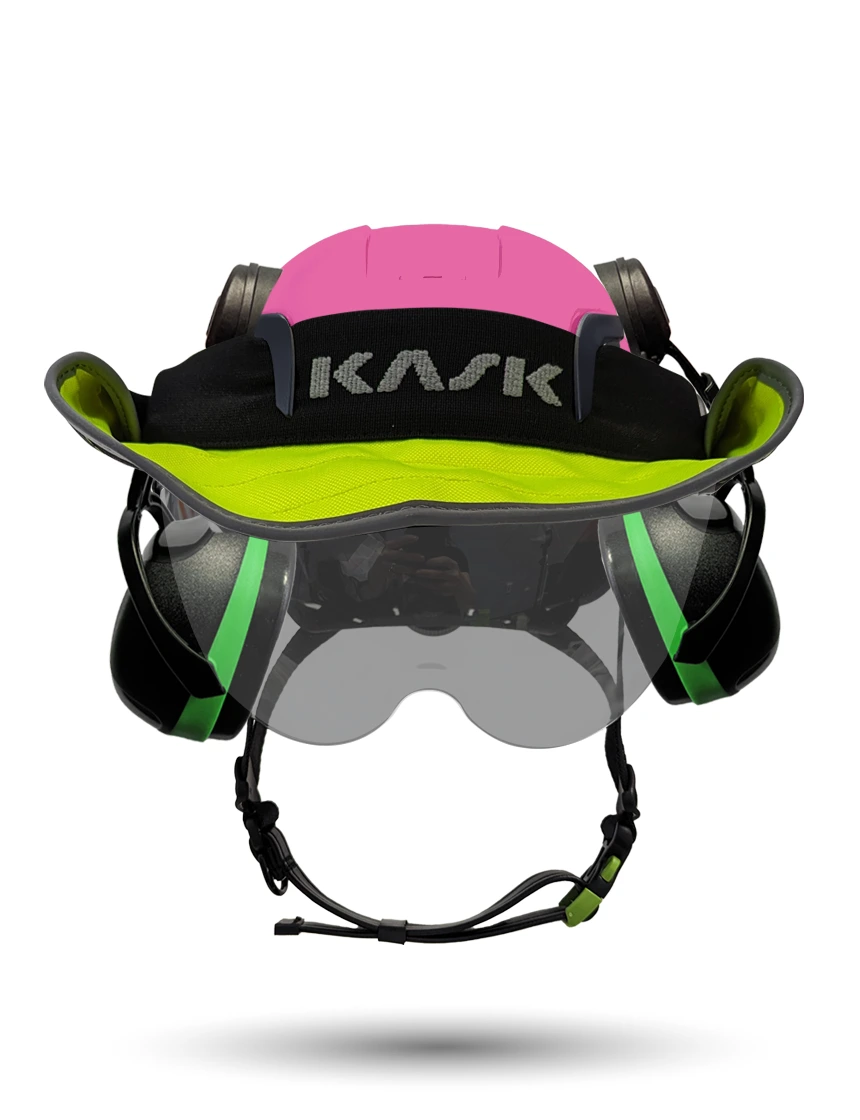 Pink KASK Zenith X2 ANSI Safety Helmet with Half-Face Visor Kit (Smoke) \u0026 Orange Ear Muffs (High Noise Reduction - 29-31 dB) \u0026 360-degree Sun Shield (Yellow Fluorescent)