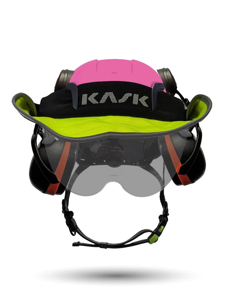 Pink KASK Zenith X2 ANSI Safety Helmet with Half-Face Visor Kit (Smoke) \u0026 Orange Ear Muffs (High Noise Reduction - 29-31 dB) \u0026 360-degree Sun Shield (Yellow Fluorescent)