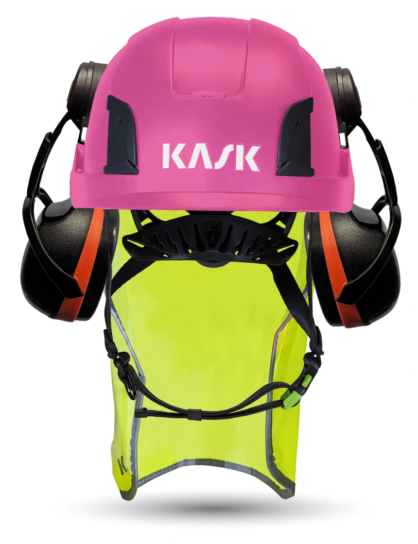 Pink Kask Zenith X2 ANSI Class E Safety Helmet w/ Orange Ear Muffs (High Noise Reduction - 29-31 Db) \u0026 10\" Neck Protector (Yellow Fluorescent)