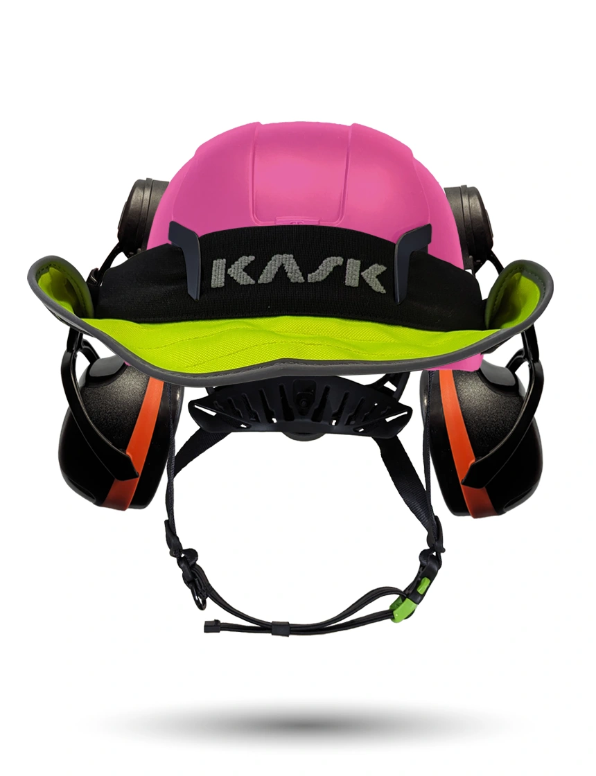 Pink KASK Zenith X2 ANSI Safety Helmet with Orange Ear Muffs (High Noise Reduction - 29-31 dB) \u0026 360-degree Sun Shield (Yellow Fluorescent)