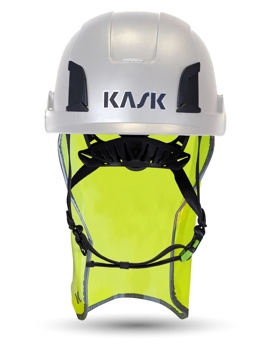 White KASK Zenith X2 ANSI Safety Helmet with 10\" Neck Protector (Yellow Fluorescent)
