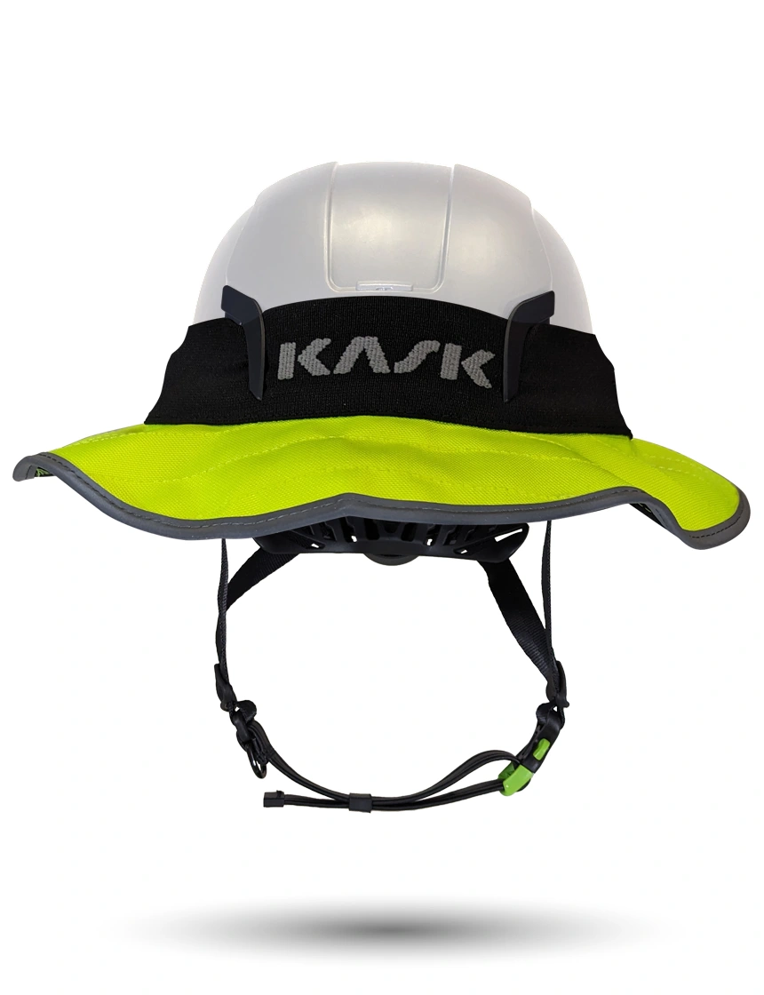 White KASK Zenith X2 ANSI Safety Helmet with 360-degree Sun Shield (Yellow Fluorescent)