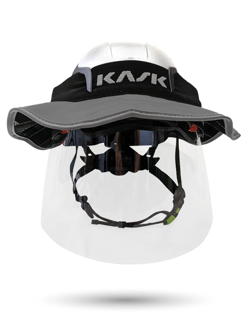 White KASK Zenith X2 ANSI Safety Helmet with Full-Face Shield \u0026 Brim Kit (Clear) \u0026 360-degree Sun Shield (Anthracite Gray)