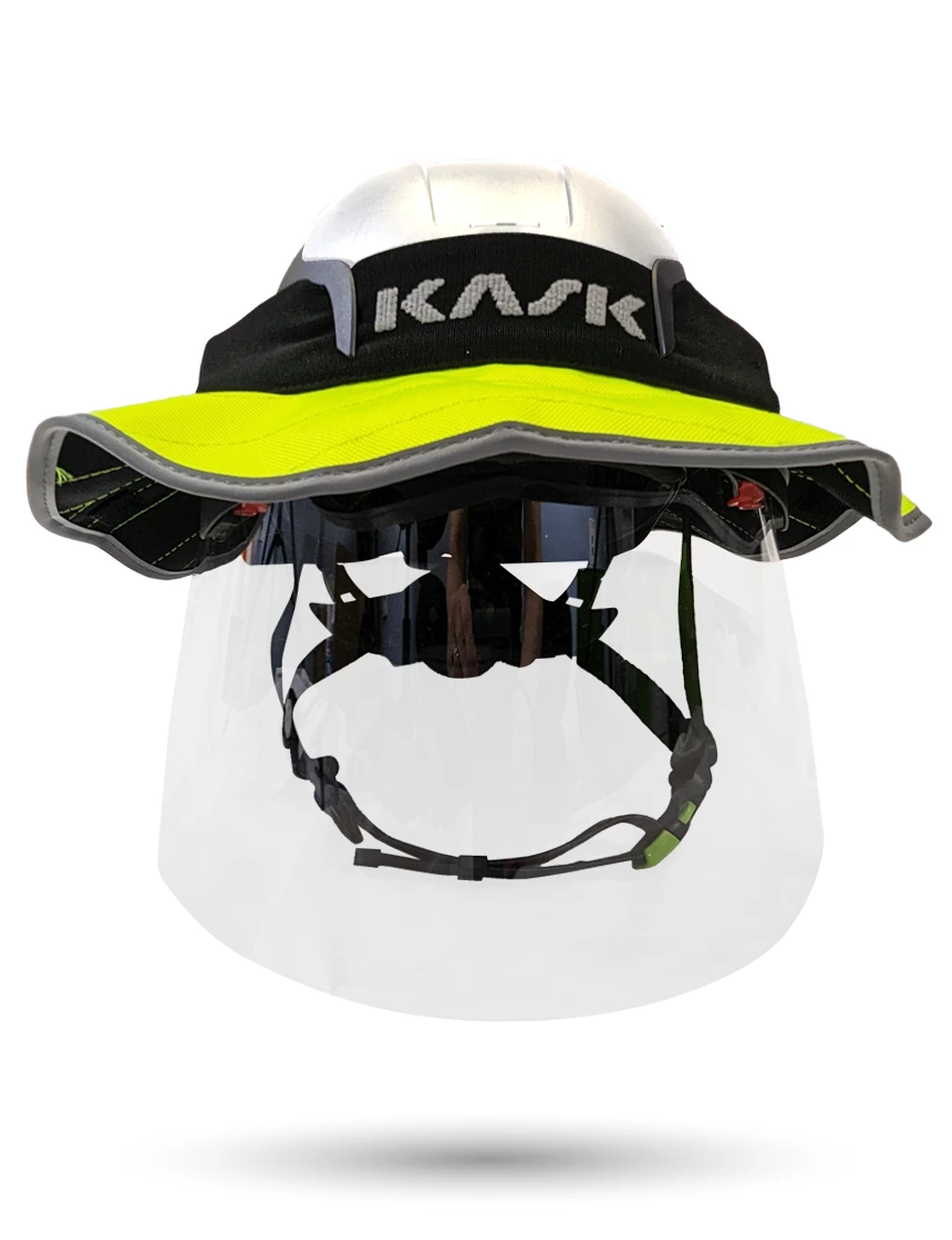 White KASK Zenith X2 ANSI Safety Helmet with Full-Face Shield \u0026 Brim Kit (Clear) \u0026 360-degree Sun Shield (Yellow Fluorescent)