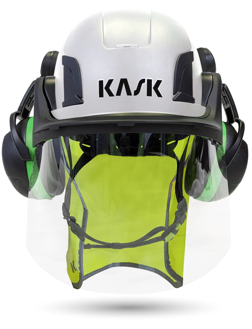 White KASK Zenith X2 ANSI Safety Helmet with Full-Face Shield \u0026 Brim Kit (Clear) \u0026 Green Ear Muffs (Low to Medium Noise Reduction - 23-25 dB) \u0026 10\" Neck Protector (Yellow Fluorescent)