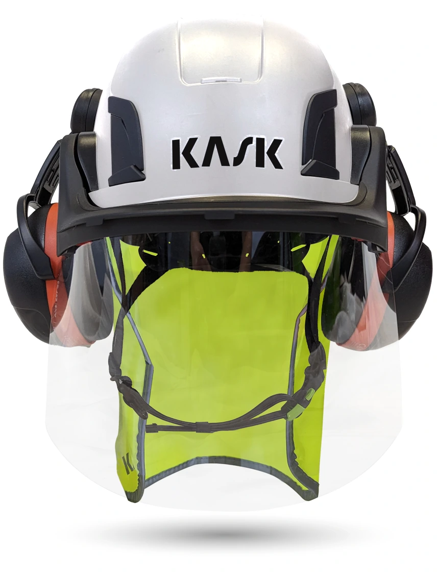White KASK Zenith X2 ANSI Safety Helmet with Full-Face Shield \u0026 Brim Kit (Clear) \u0026 Orange Ear Muffs (High Noise Reduction - 29-31 dB) \u0026 10\" Neck Protector (Yellow Fluorescent)