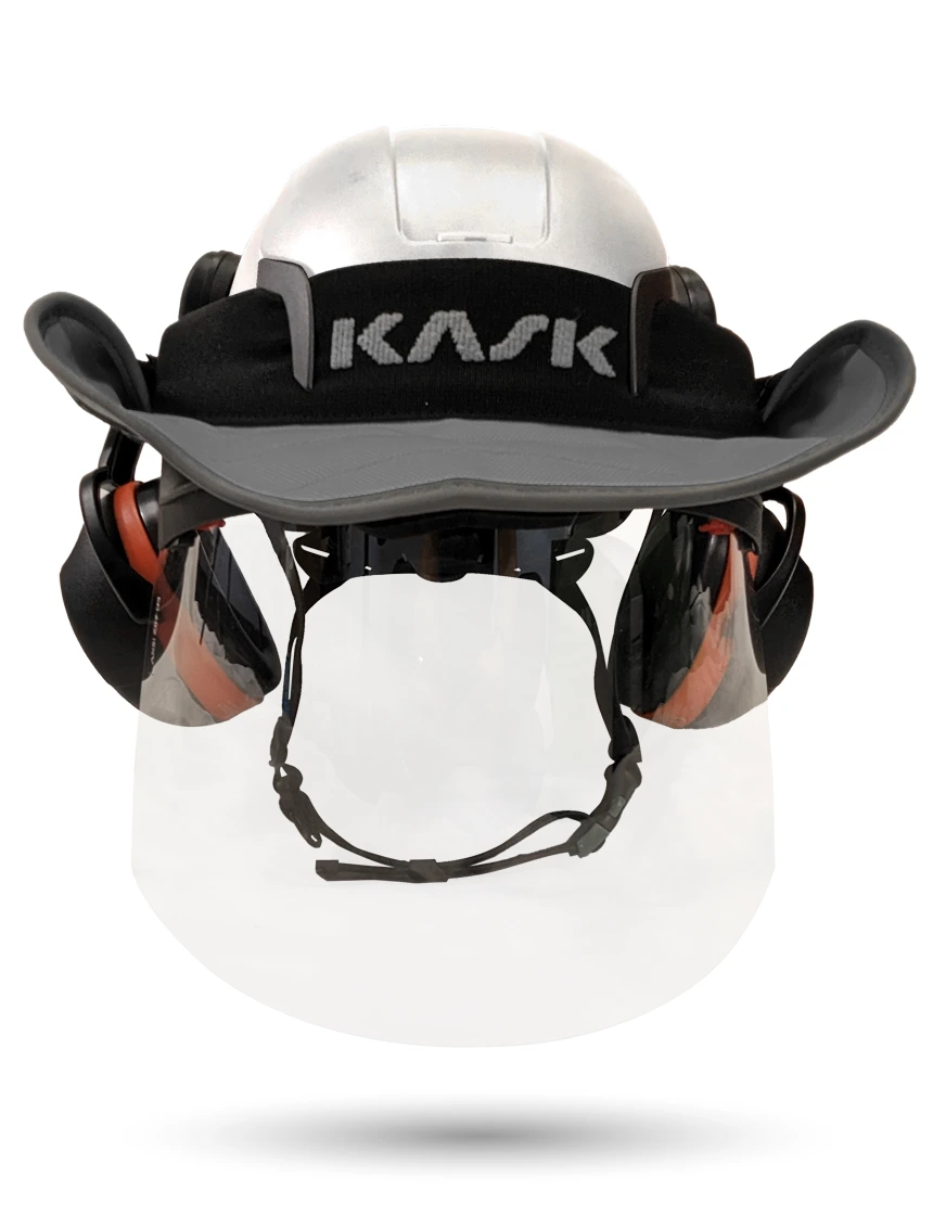 White KASK Zenith X2 ANSI Safety Helmet with Full-Face Shield \u0026 Brim Kit (Clear) \u0026 Orange Ear Muffs (High Noise Reduction - 29-31 dB) \u0026 360-degree Sun Shield (Anthracite Gray)