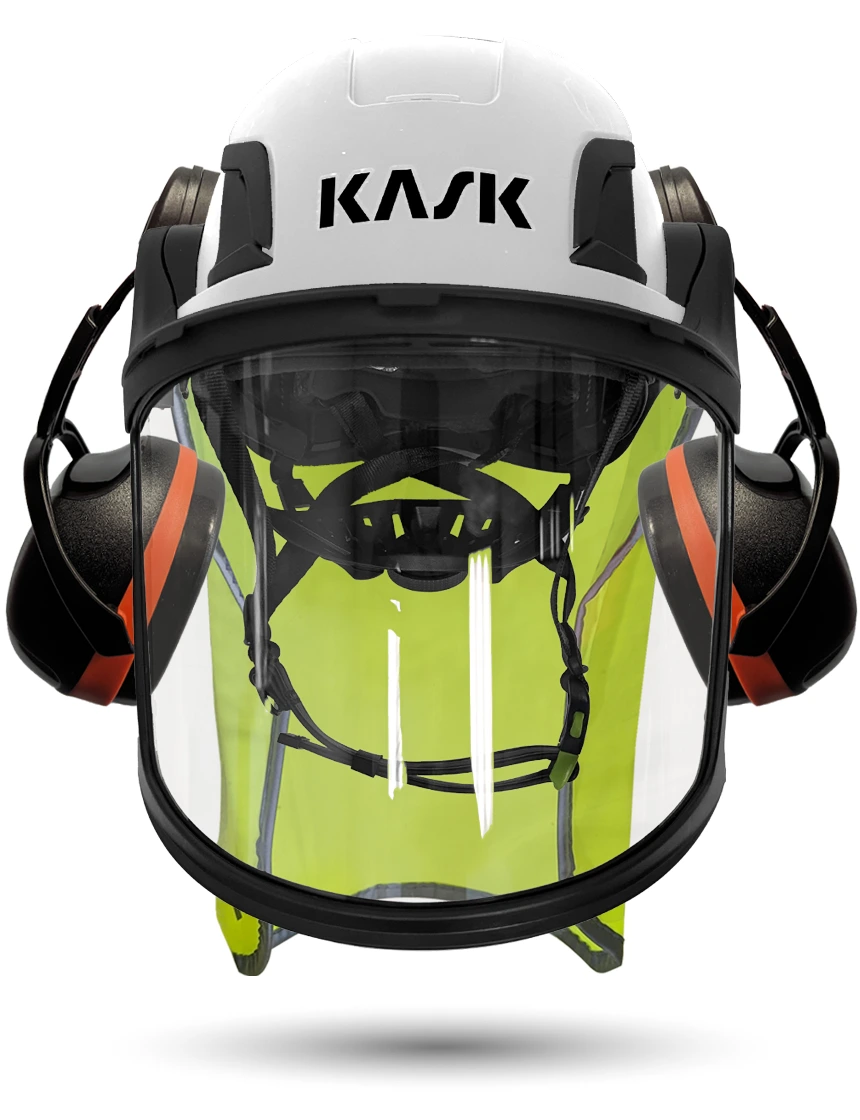 White KASK Zenith X2 ANSI Safety Helmet with Full-Face Visor Kit (Clear) \u0026 Orange Ear Muffs (High Noise Reduction - 29-31 dB) \u0026 10\" Neck Protector (Yellow Fluorescent)
