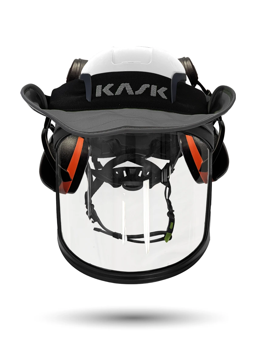 White KASK Zenith X2 ANSI Safety Helmet with Full-Face Visor Kit (Clear) \u0026 Orange Ear Muffs (High Noise Reduction - 29-31 dB) \u0026 360-degree Sun Shield (Anthracite Gray)