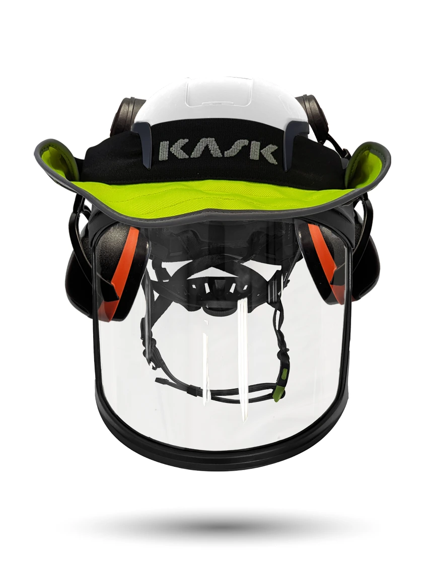 White KASK Zenith X2 ANSI Safety Helmet with Full-Face Visor Kit (Clear) \u0026 Orange Ear Muffs (High Noise Reduction - 29-31 dB) \u0026 360-degree Sun Shield (Yellow Fluorescent)