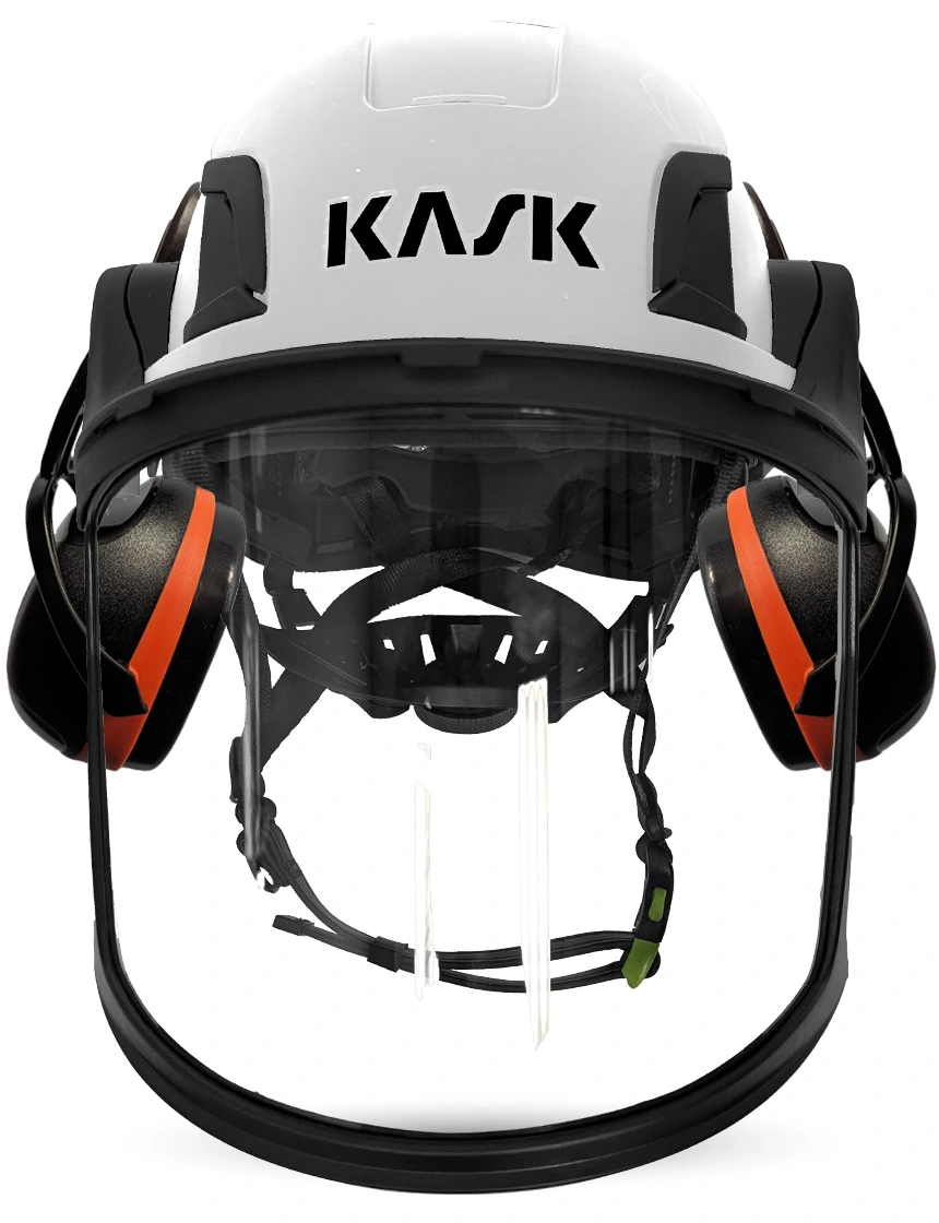 White KASK Zenith X2 ANSI Safety Helmet with Full-Face Visor Kit (Clear) \u0026 Orange Ear Muffs (High Noise Reduction - 29-31 dB)