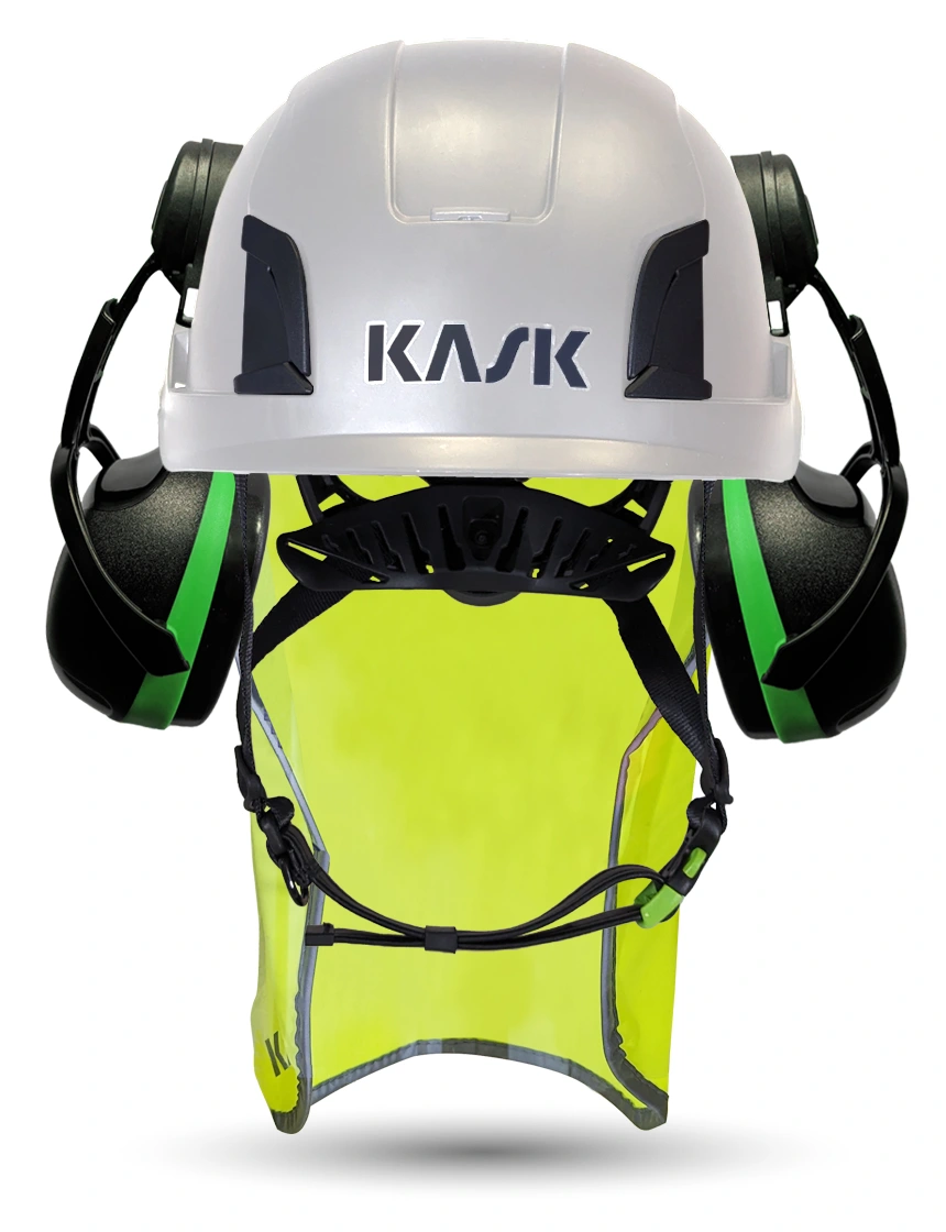 White KASK Zenith X2 ANSI Safety Helmet with Green Ear Muffs (Low to Medium Noise Reduction - 23-25 dB) \u0026 10\" Neck Protector (Yellow Fluorescent)