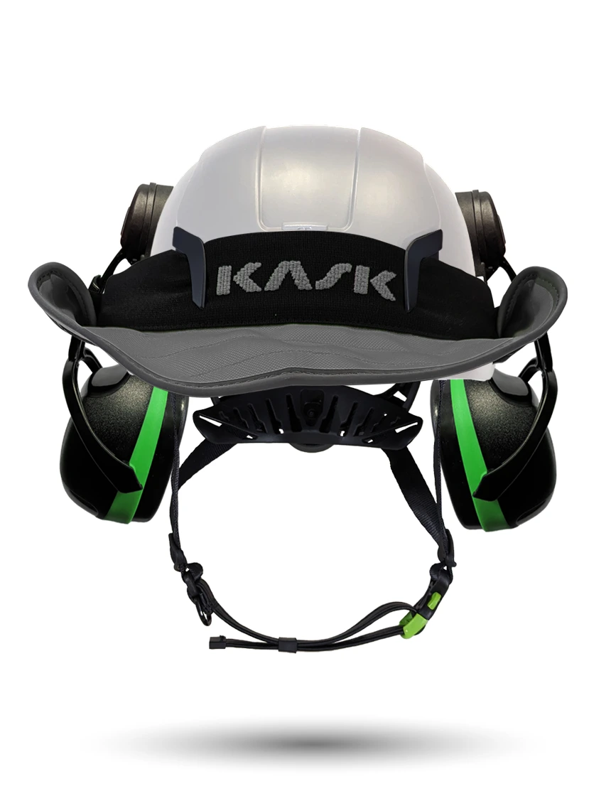 White KASK Zenith X2 ANSI Safety Helmet with Green Ear Muffs (Low to Medium Noise Reduction - 23-25 dB) \u0026 360-degree Sun Shield (Anthracite Gray)