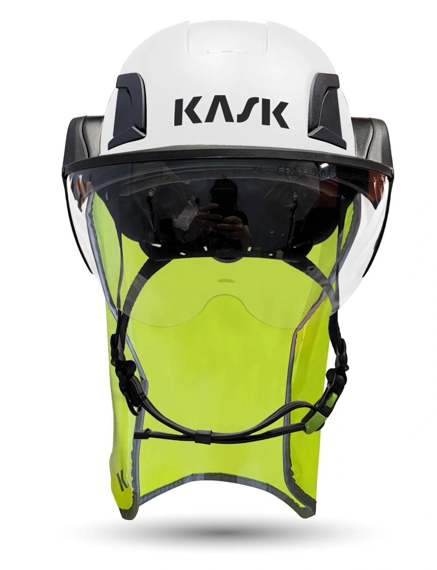 White KASK Zenith X2 ANSI Safety Helmet with Half-Face Visor Kit (Clear) \u0026 10\" Neck Protector (Yellow Fluorescent)