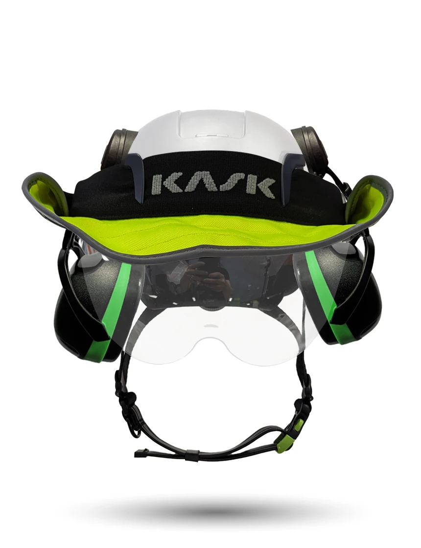 White KASK Zenith X2 ANSI Safety Helmet with Half-Face Visor Kit (Clear) \u0026 Green Ear Muffs (Low to Medium Noise Reduction - 23-25 dB) \u0026 360-degree Sun Shield (Yellow Fluorescent)