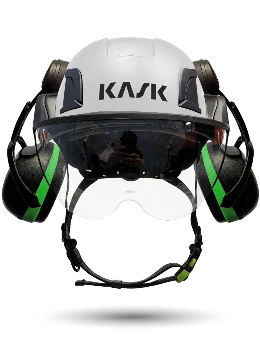 White KASK Zenith X2 ANSI Safety Helmet with Half-Face Visor Kit (Clear) \u0026 Green Ear Muffs (Low to Medium Noise Reduction - 23-25 dB)