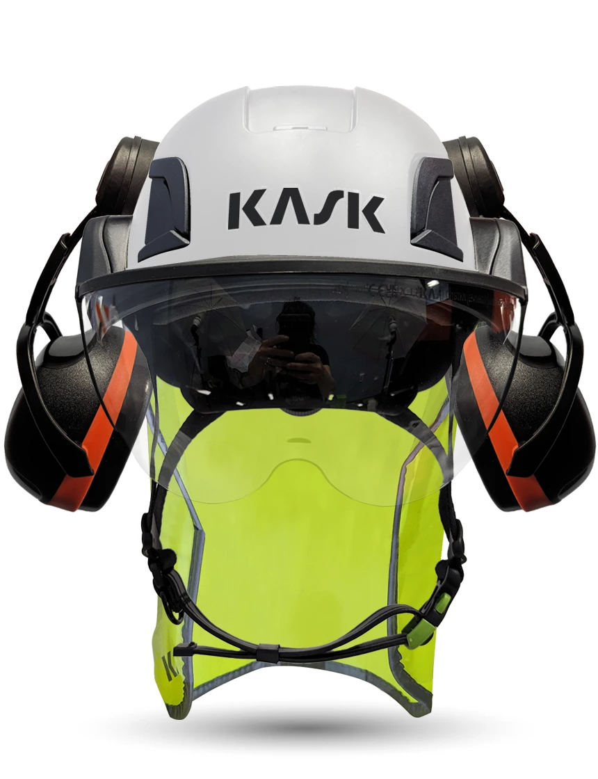 White KASK Zenith X2 ANSI Safety Helmet with Full-Face Visor Kit (Clear) \u0026 Orange Ear Muffs (High Noise Reduction - 29-31 dB) \u0026 10\" Neck Protector (Yellow Fluorescent)