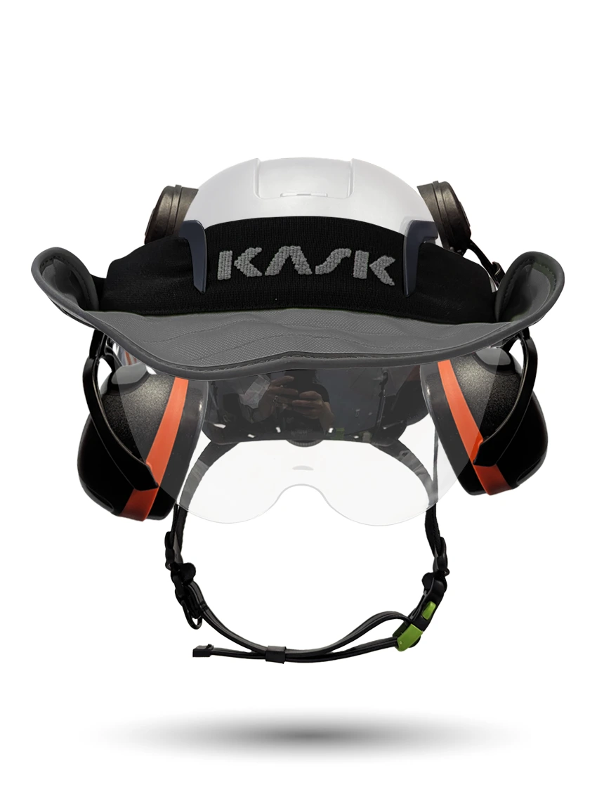 White KASK Zenith X2 ANSI Safety Helmet with Half-Face Visor Kit (Clear) \u0026 Orange Ear Muffs (High Noise Reduction - 29-31 dB) \u0026 360-degree Sun Shield (Anthracite Gray)