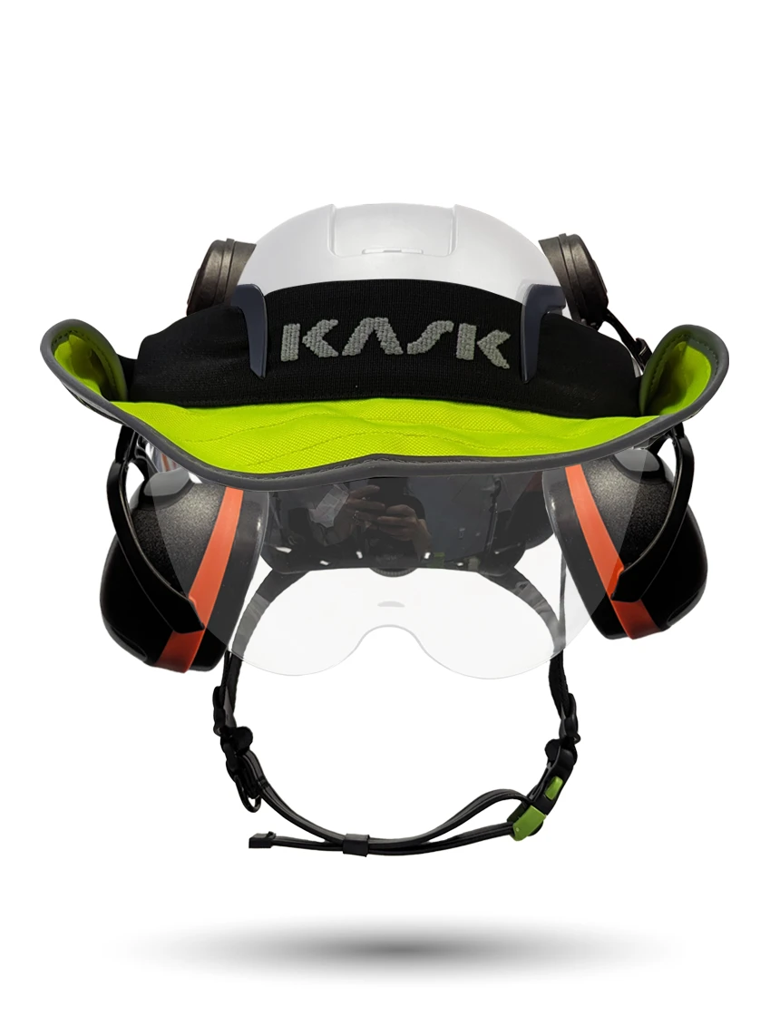 White KASK Zenith X2 ANSI Safety Helmet with Half-Face Visor Kit (Clear) \u0026 Orange Ear Muffs (High Noise Reduction - 29-31 dB) \u0026 360-degree Sun Shield (Yellow Fluorescent)