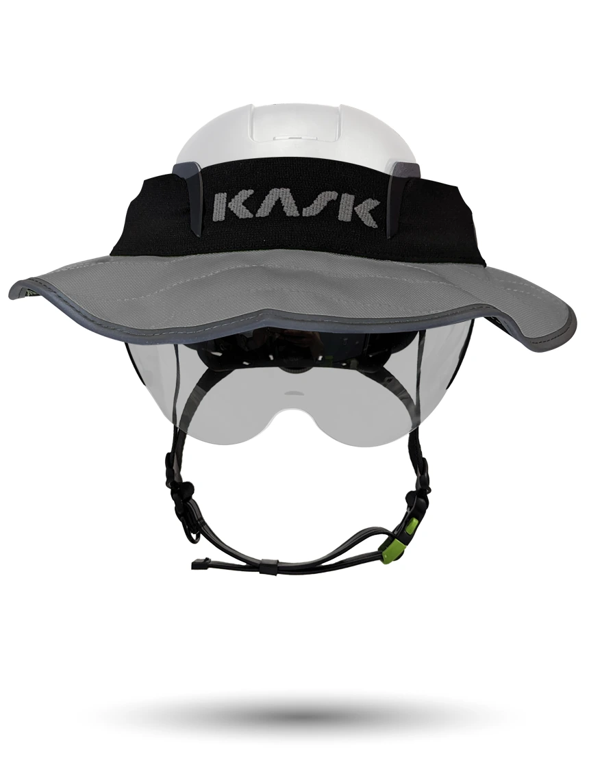 White KASK Zenith X2 ANSI Safety Helmet with Half-Face Visor Kit (Silver Mirror) \u0026 360-degree Sun Shield (Anthracite Gray)