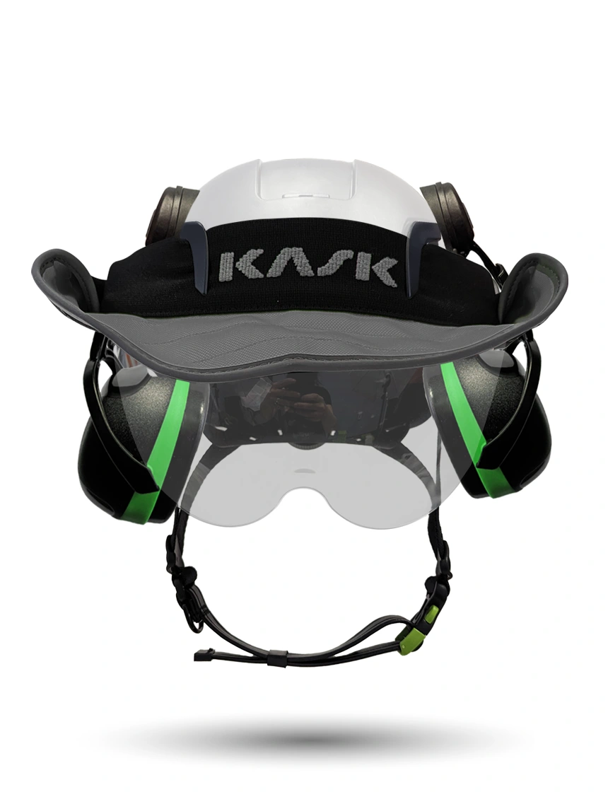White KASK Zenith X2 ANSI Safety Helmet with Half-Face Visor Kit (Silver Mirror) \u0026 Green Ear Muffs (Low Noise Reduction - 23-25 dB) \u0026 360-degree Sun Shield (Anthracite Gray)