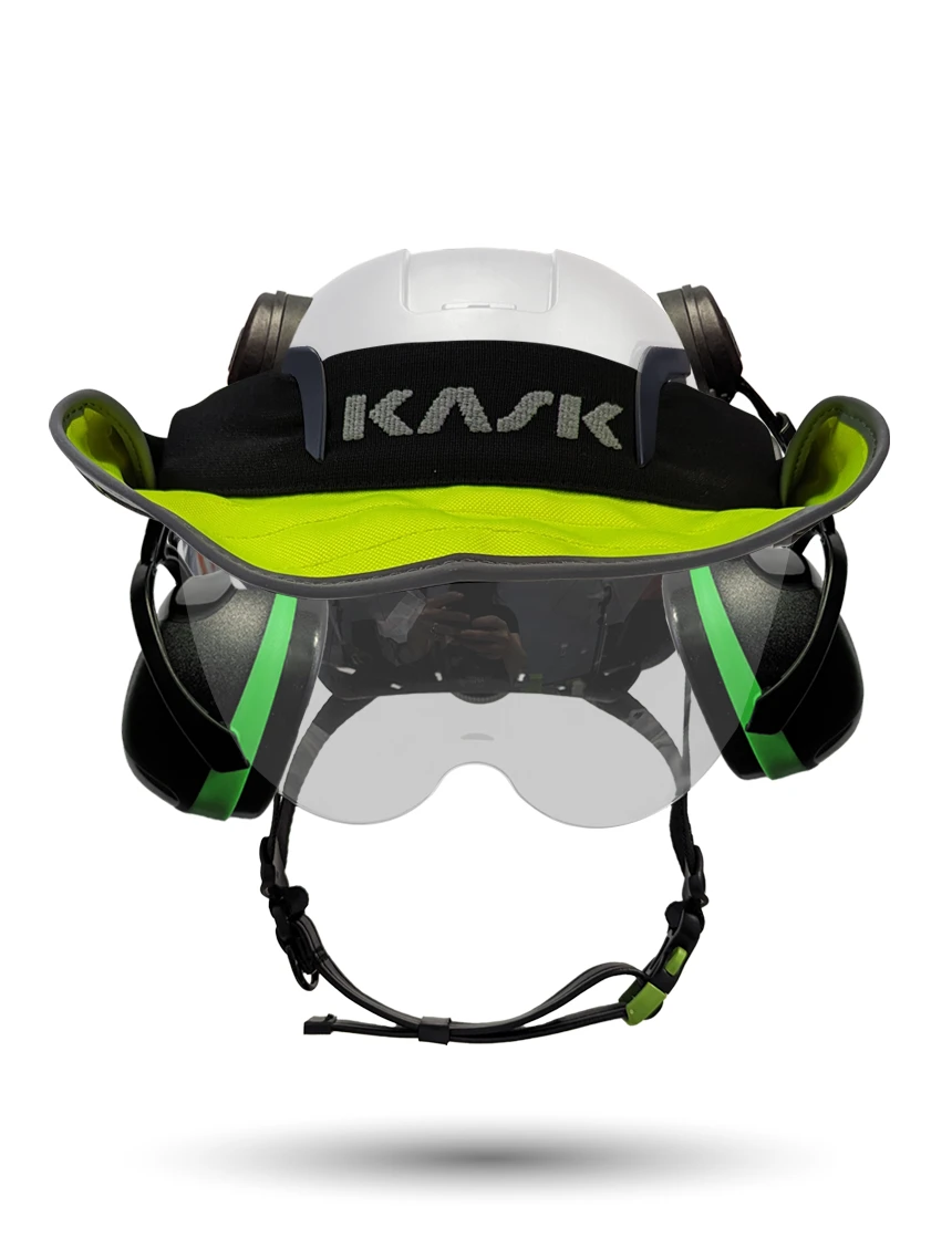 White KASK Zenith X2 ANSI Safety Helmet with Half-Face Visor Kit (Silver Mirror) \u0026 Green Ear Muffs (Low to Medium Noise Reduction - 23-25 dB) \u0026 360-degree Sun Shield (Yellow Fluorescent)
