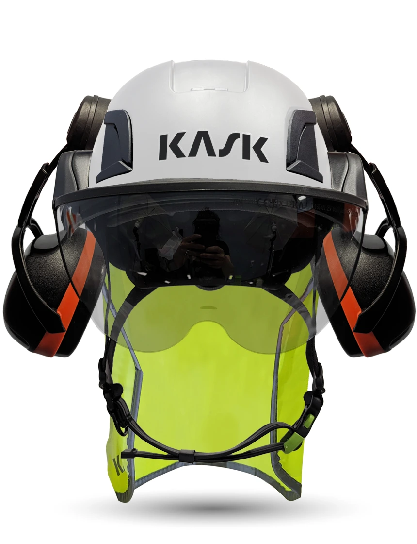 White KASK Zenith X2 ANSI Safety Helmet with Half-Face Visor Kit (Silver Mirror) \u0026 Orange Ear Muffs (High Noise Reduction - 29-31 dB) \u0026 10\" Neck Protector (Yellow Fluorescent)