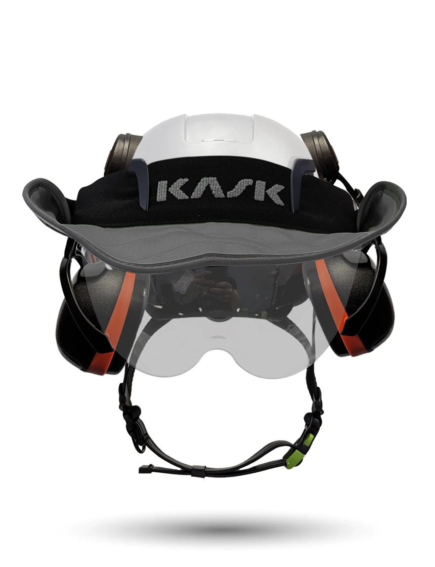 White KASK Zenith X2 ANSI Safety Helmet with Half-Face Visor Kit (Silver Mirror) \u0026 Orange Ear Muffs (High Noise Reduction - 29-31 dB) \u0026 360-degree Sun Shield (Anthracite Gray)