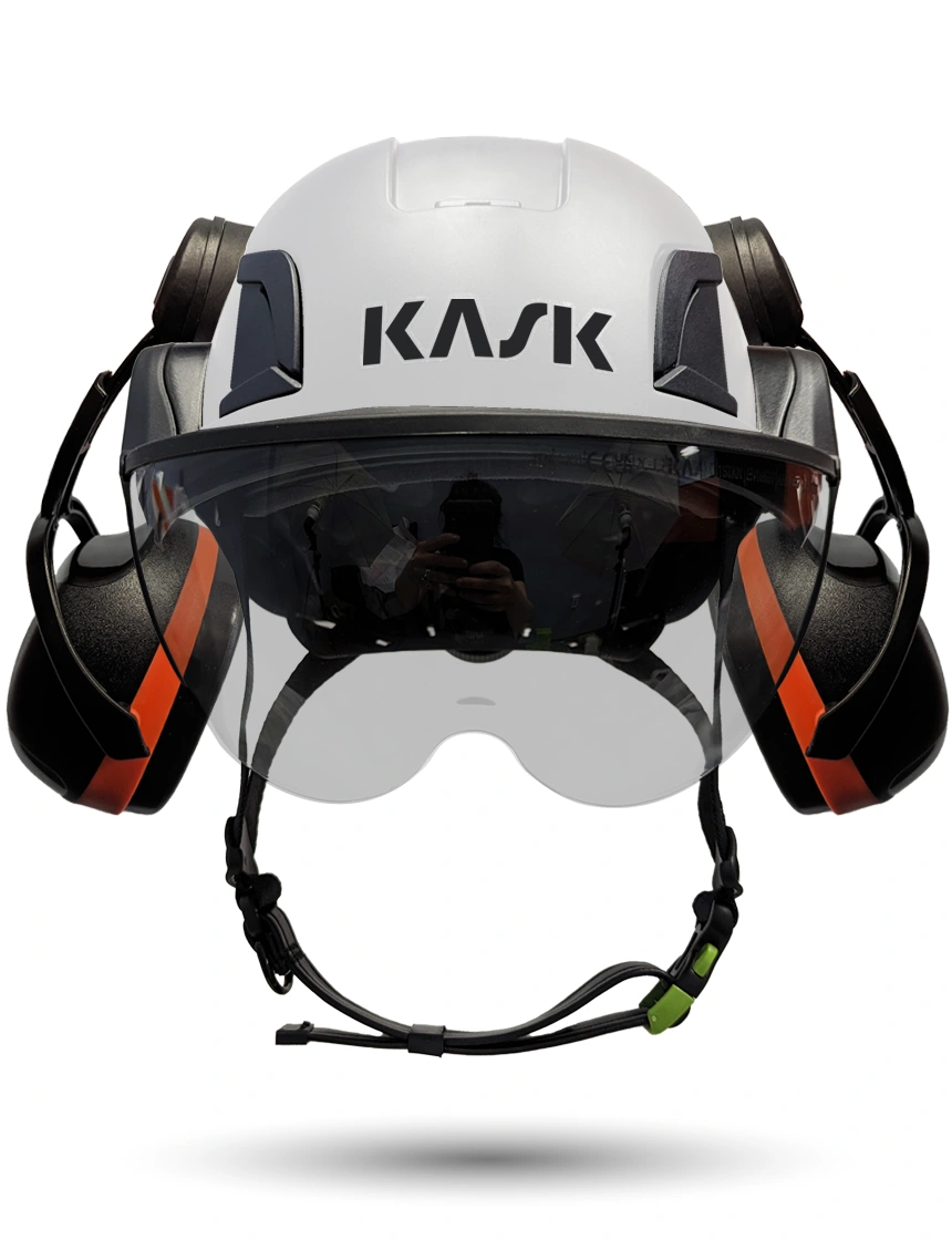 White KASK Zenith X2 ANSI Safety Helmet with Half-Face Visor Kit (Silver Mirror) \u0026 Orange Ear Muffs (High Noise Reduction - 29-31 dB)