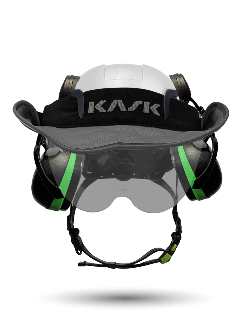 White KASK Zenith X2 ANSI Safety Helmet with Half-Face Visor Kit (Smoke) \u0026 Green Ear Muffs (Low Noise Reduction - 23-25 dB) \u0026 360-degree Sun Shield (Anthracite Gray)