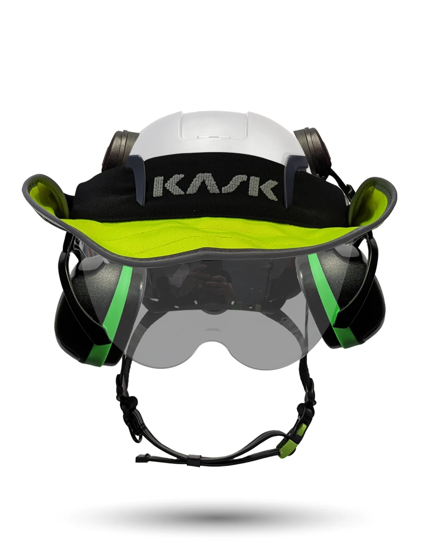 White KASK Zenith X2 ANSI Safety Helmet with Half-Face Visor Kit (Smoke) \u0026 Green Ear Muffs (Low to Medium Noise Reduction - 23-25 dB) \u0026 360-degree Sun Shield (Yellow Fluorescent)