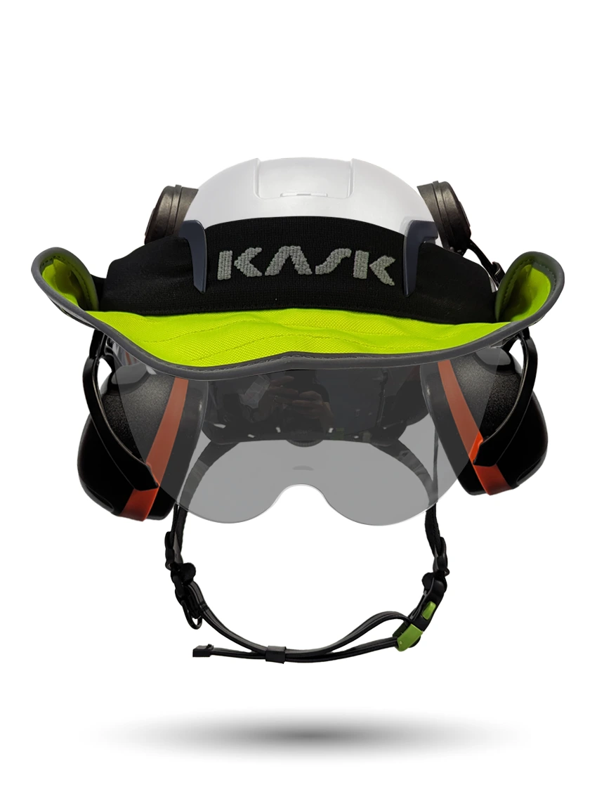 White KASK Zenith X2 ANSI Safety Helmet with Half-Face Visor Kit (Smoke) \u0026 Orange Ear Muffs (High Noise Reduction - 29-31 dB) \u0026 360-degree Sun Shield (Yellow Fluorescent)