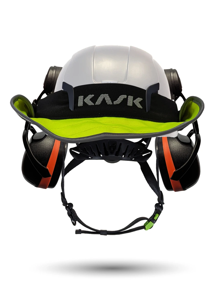 White KASK Zenith X2 ANSI Safety Helmet with Orange Ear Muffs (High Noise Reduction - 29-31 dB) \u0026 360-degree Sun Shield (Yellow Fluorescent)