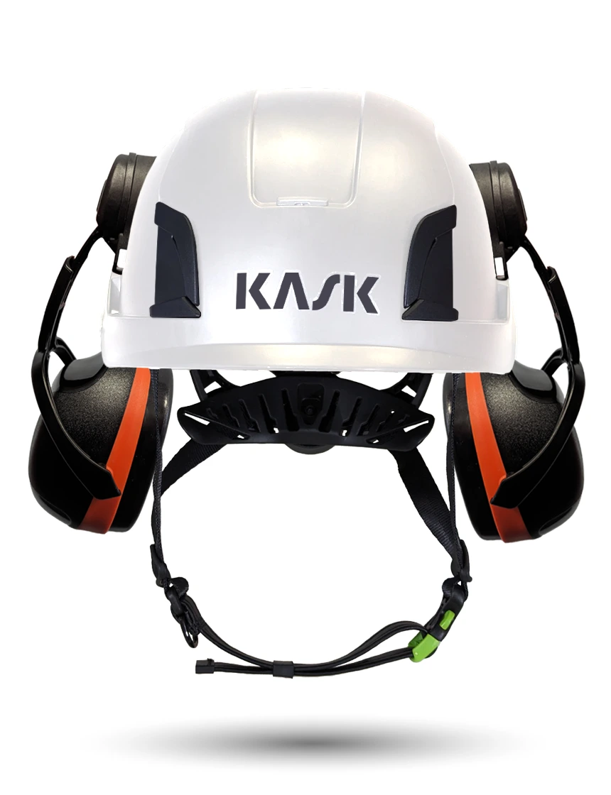 White KASK Zenith X2 ANSI Safety Helmet with Orange Ear Muffs (High Noise Reduction - 29-31 dB)