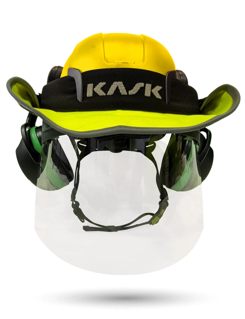 Yellow Kask Zenith X2 ANSI Safety Helmet with Full-Face Shield \u0026 Brim Kit (Clear) \u0026 Orange Ear Muffs (High Noise Reduction - 29-31 dB) \u0026 360-degree Sun Shield (Yellow Fluorescent)