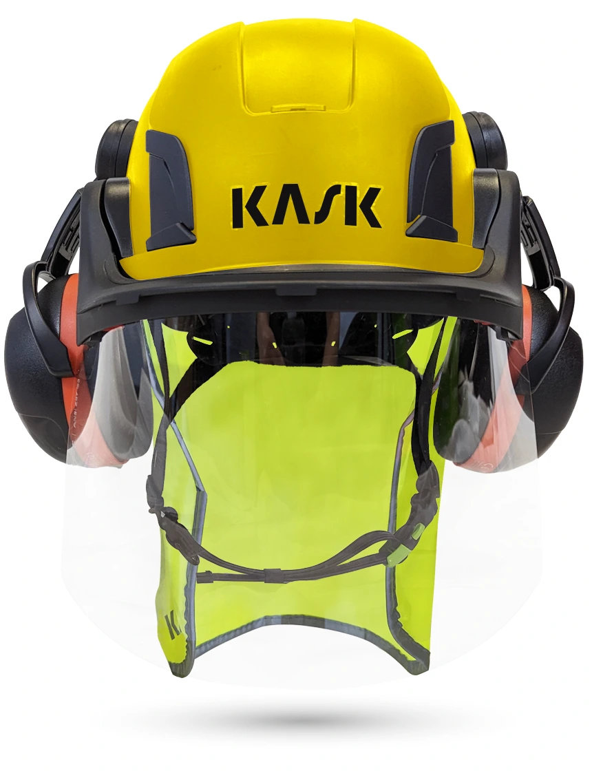 Yellow Kask Zenith X2 ANSI Safety Helmet with Full-Face Shield \u0026 Brim Kit (Clear) \u0026 Orange Ear Muffs (High Noise Reduction - 29-31 dB) \u0026 10\" Neck Protector (Yellow Fluorescent)
